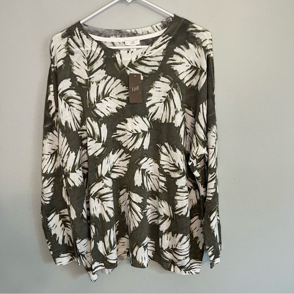 NWT J Jill Linen Blend Sweater Women's Size XL Palm Leaf Print Lightweight Knit - Picture 1 of 9